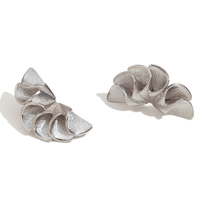 Modern brushed silver pleated petal stud earrings with layered metallic texture