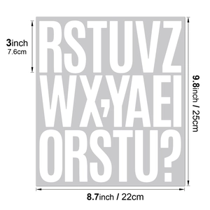 Detailed size chart for 3-inch white waterproof letter stickers with dimension labels