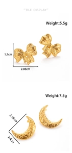Detailed tile display of gold bow earrings and hammered crescent studs with dimensions