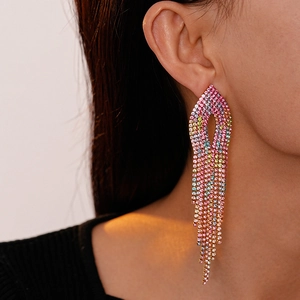 Elegant long tassel earrings with colorful gradient rhinestones for a luxury fashion look
