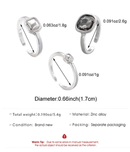 Detailed view of 3-piece zinc alloy ring set with acrylic stones and geometric patterns
