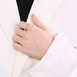 Minimalist silver titanium steel ring with sparkling red zircon stones worn on hand