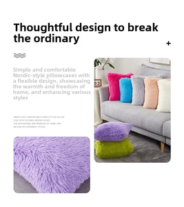 Detail view of plush long-hair faux fur cushion covers in multiple vibrant colors