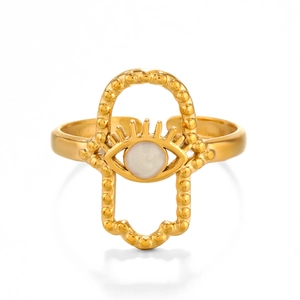 Bague ouverte en acier inoxydable doré 18K avec Main de Fatma et œil maléfique