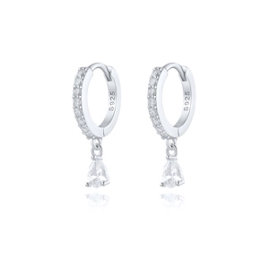 Detail showing S925 sterling silver stamp and sparkling pear-cut zircon drop earrings