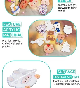 Macro detail of acrylic cartoon bear badges with protective film and metal pin backing