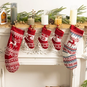 Knitted Christmas Stocking Reindeer Snowflake Tree Pattern Holiday Home Fireplace Hanging Decoration Gift Bag