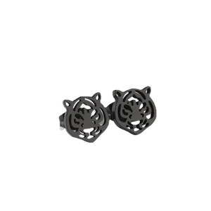 Black hollow tiger head stud earrings in matte finish with punk style design