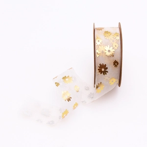 Detail of 25mm organza ribbon with gold foil daisy prints for flower gift packaging