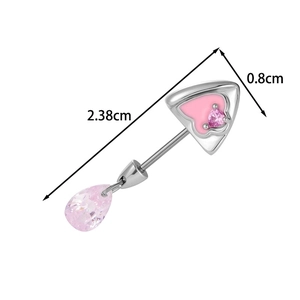 Cat ear cartilage stud earring with pink enamel heart and pear-cut gemstone in titanium