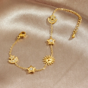 Gold-plated stainless steel star moon sun charm bracelet with zircons on satin