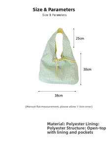 Detailed size guide of the large plaid tote bag with 25cm handle and 38cm base width