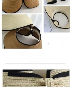 Foldable straw sun visor with contrast black trim and portable roll-up detail design