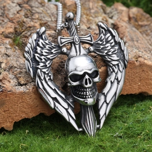 Skull Wing Sword Pendant Necklace Stainless Steel Gothic Punk Streetwear Jewelry For Men