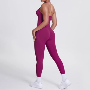 Ärmelloser rückenfreier lila Yoga-Body mit hoher Taille und Halterneck-Design