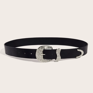 Women's black western belt with rhinestone horseshoe buckle and metallic tip detail