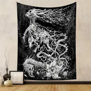 Gothic Skelett Wandteppich Schwarz Weiß Polyester Dunkle Kunst Totbaum Deko Für Schlafzimmer Wohnzimmer Wohnheim
