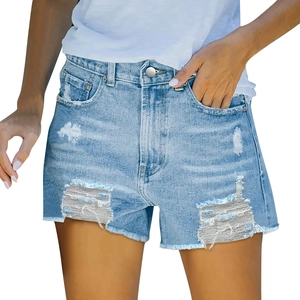 Damen High Waist Denim Shorts in Hellblau mit Ripped-Details und ausgefranstem Saum