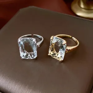 Large Rectangular Zircon Open Ring Copper 14K Gold Plated Retro Luxury Adjustable Finger Jewelry For Women