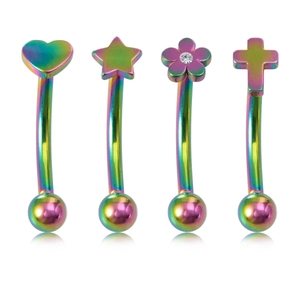Rainbow surgical steel curved barbell set with heart star flower and cross shapes