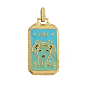 Macro detail of tarot lion pendant with blue enamel and gold infinity symbol decoration