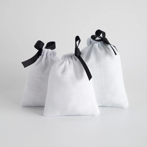 Cotton Slub Jewelry Packaging Drawstring Pouch With Black Ribbon Bow For Gift Storage Small Organizer Cloth Bags