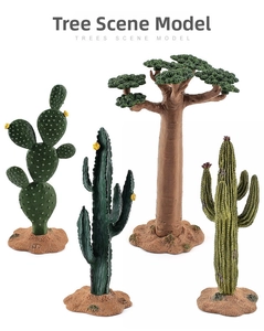 Realistic toy cactus and baobab tree desert plant models on sand textured bases