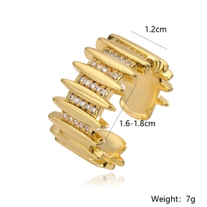 Detail view of 18K gold plated ring with zircons and spiked edges, width 1.2cm