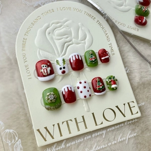 Handmade Christmas Press On Nails 3D Relief Snowman Reindeer Snowflake Resin Glossy Red Green Festive Manicure For Women