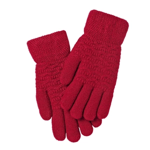 Close-up of red wave-patterned knit gloves showing thick winter fabric and texture