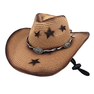 Western straw cowboy hat with printed stars and gradient wide brim for sun protection