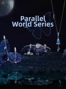 Close-up of S925 sterling silver cosmic bracelet with blue enamel charms and moonstone