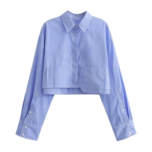 Detailed flat lay of blue white striped cropped long sleeve shirt with front pockets