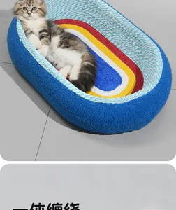 Detailed view of woven sisal cat scratcher bed with colorful striped durable texture