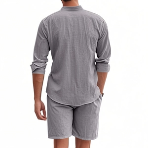 Rear view of men's grey linen casual set showing button-down shirt and matching shorts