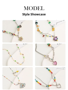 Close-up of colorful beaded necklaces with smiley flower and heart shaped pendants