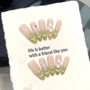 Handmade Olive Green Cat Eye Press On Nails With 3D Relief Flowers Butterfly Artificial Pearl Rhinestones Elegant Long Oval Nails