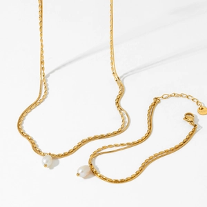 Double-layer gold stainless steel necklace set with natural pearl pendant on snake chain