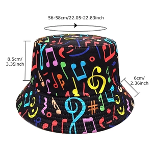 Reversible bucket hat with colorful musical notes print and detailed size dimensions