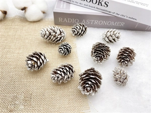 Detailed view of snowy natural pine cones with white paint finish on rustic linen backdrop