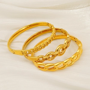 Fashion Stainless Steel Bangle 18K Gold Plated Geometric Textured Hollow Out Minimalist Cuff Bracelet For Women Jewelry