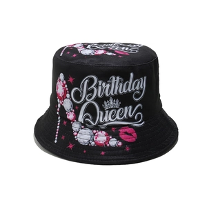 Black cotton bucket hat featuring Birthday Queen print with crown and jewels