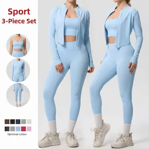 Women Sports Workout Clothes High Stretch Stand Collar Zipper Jacket Top And High Waist Leggings Gym Fitness Running