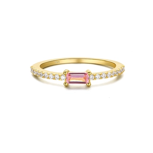 Detail showing S925 hallmark on gold band with pink emerald cut stone and side pave diamonds