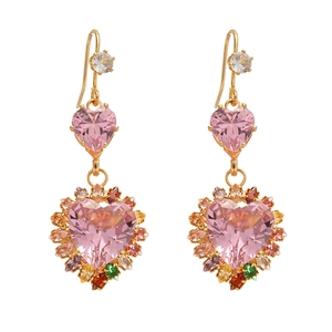 Vintage heart drop earrings with pink zircons and colorful stones on a gold hook