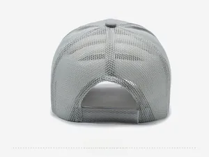 Rear view of grey breathable mesh baseball cap with adjustable strap and cooling vents
