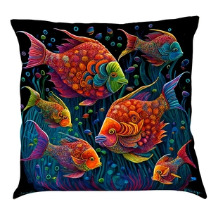 Coastal cotton linen pillow cover with vibrant colorful fish and sea plants art