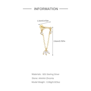 Detailed infographic of gold 925 silver earring with marquise-cut zircon leaf pendant