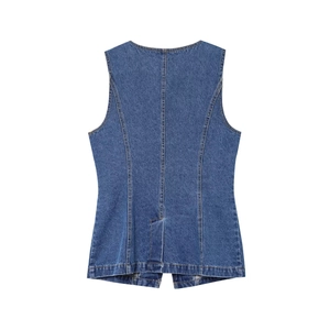 Vue arrière d'un gilet en jean bleu foncé pour femme avec col rond et coutures décoratives