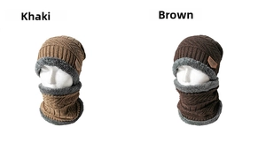 Detail of warm winter knit beanie and neck gaiter set with thick faux fur lining inside